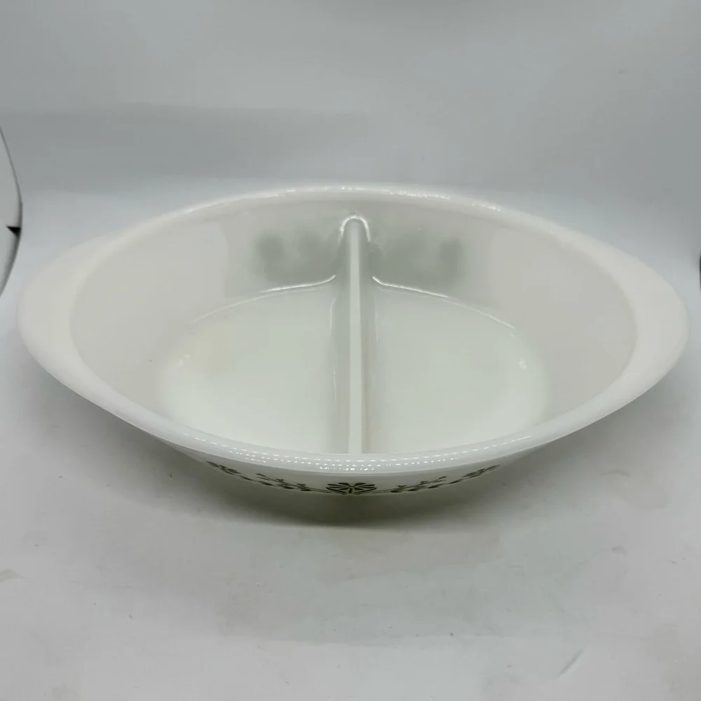 Vintage Glasbake Divided Casserole Dish -Jeanette Green Daisy- J-2352